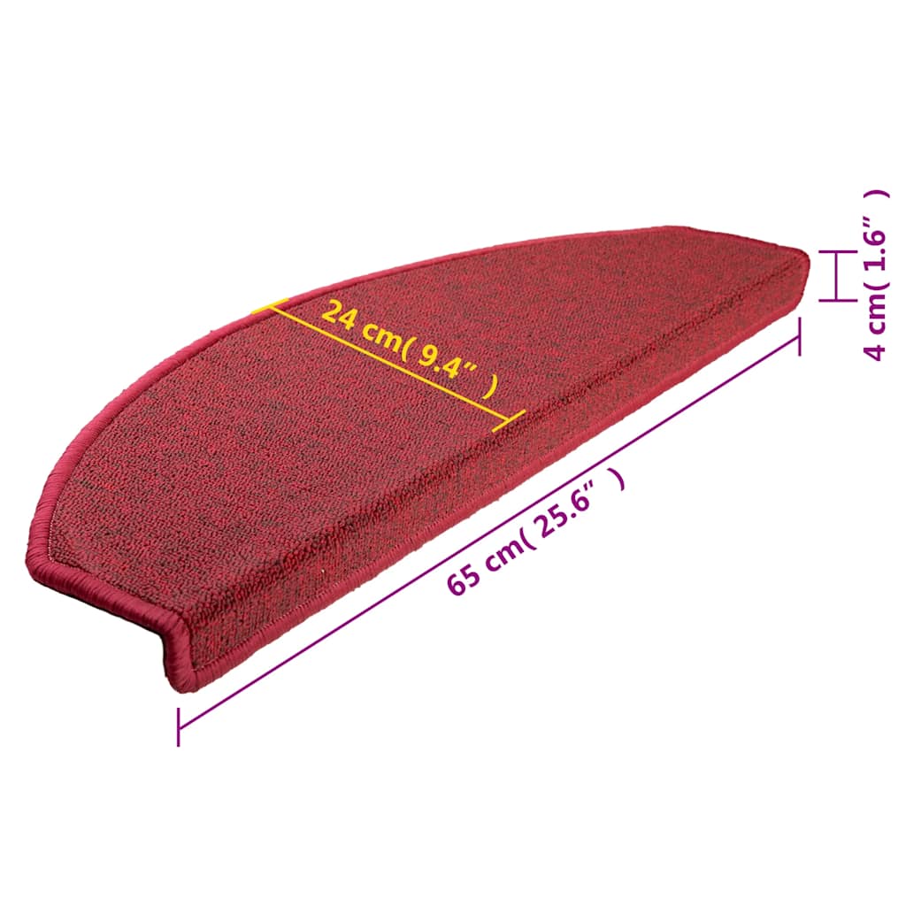 Laiptų kilimėliai, 15 vnt., 65x24x4 cm, bordo spalvos, pusapvaliai, dideli