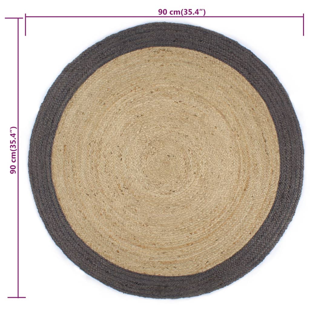Rug, 90cm, jute, handmade, with dark grey border
