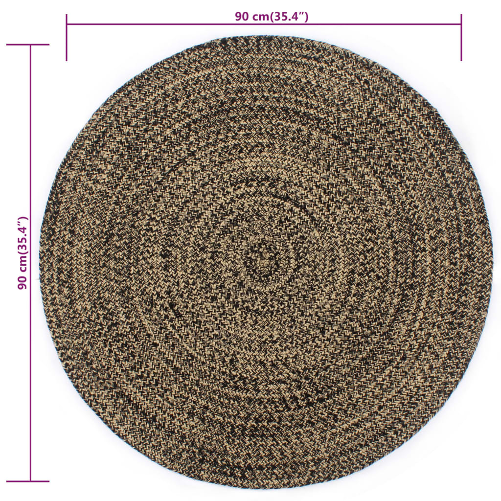 Rug, black and natural, 90cm, jute, handmade