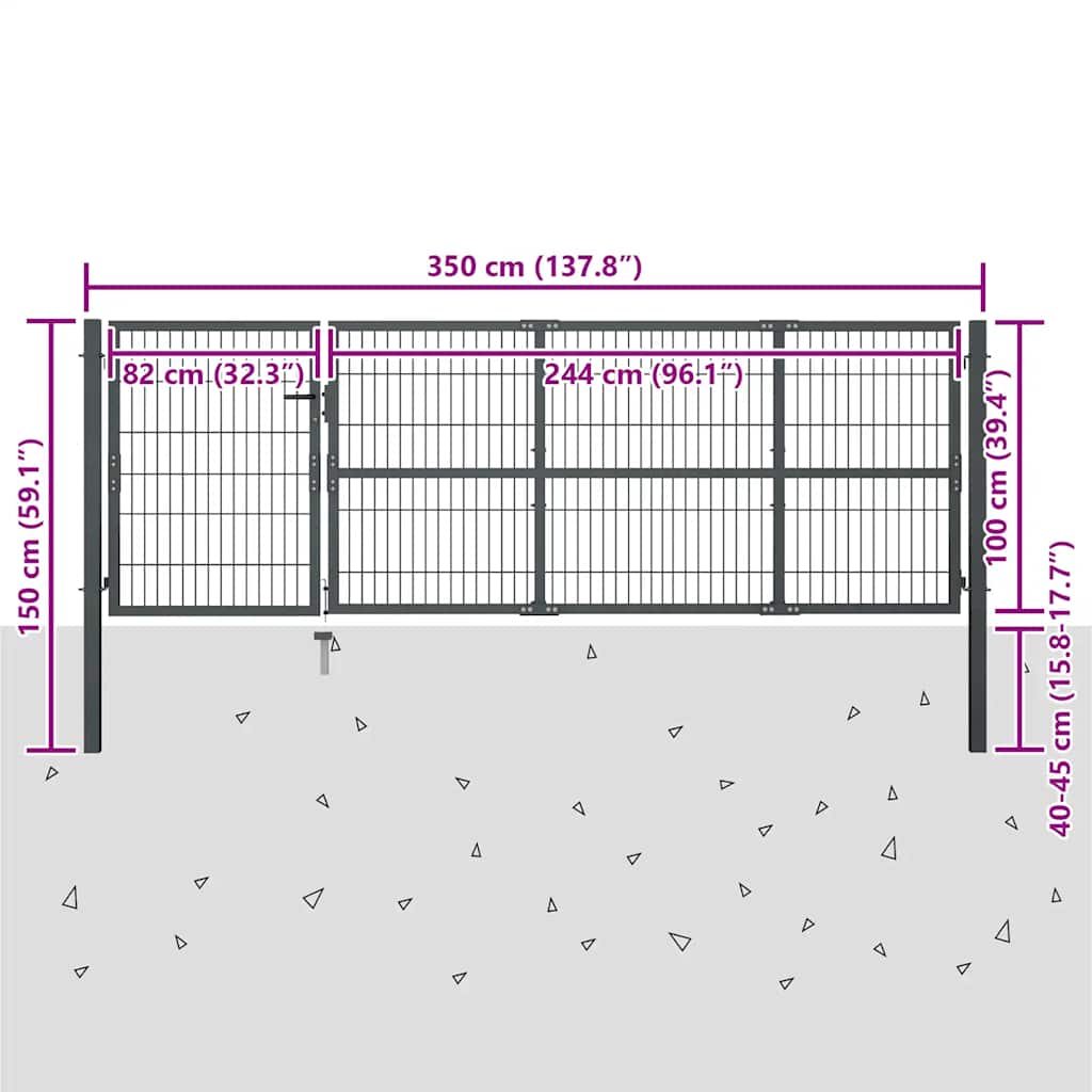 Garden gate with posts, steel, 350x100 cm, anthracite