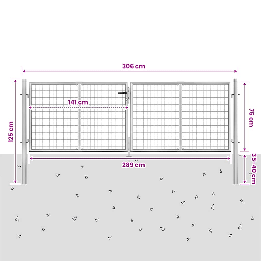 Garden gate, galvanized steel, 300x75 cm, silver