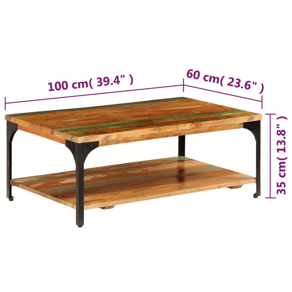 Coffee table with shelf, 100x60x35cm, solid reclaimed wood