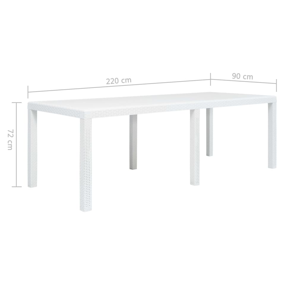 Dārza galds, balts, 220x90x72cm, plastmasas, rotangpalmas imitācija