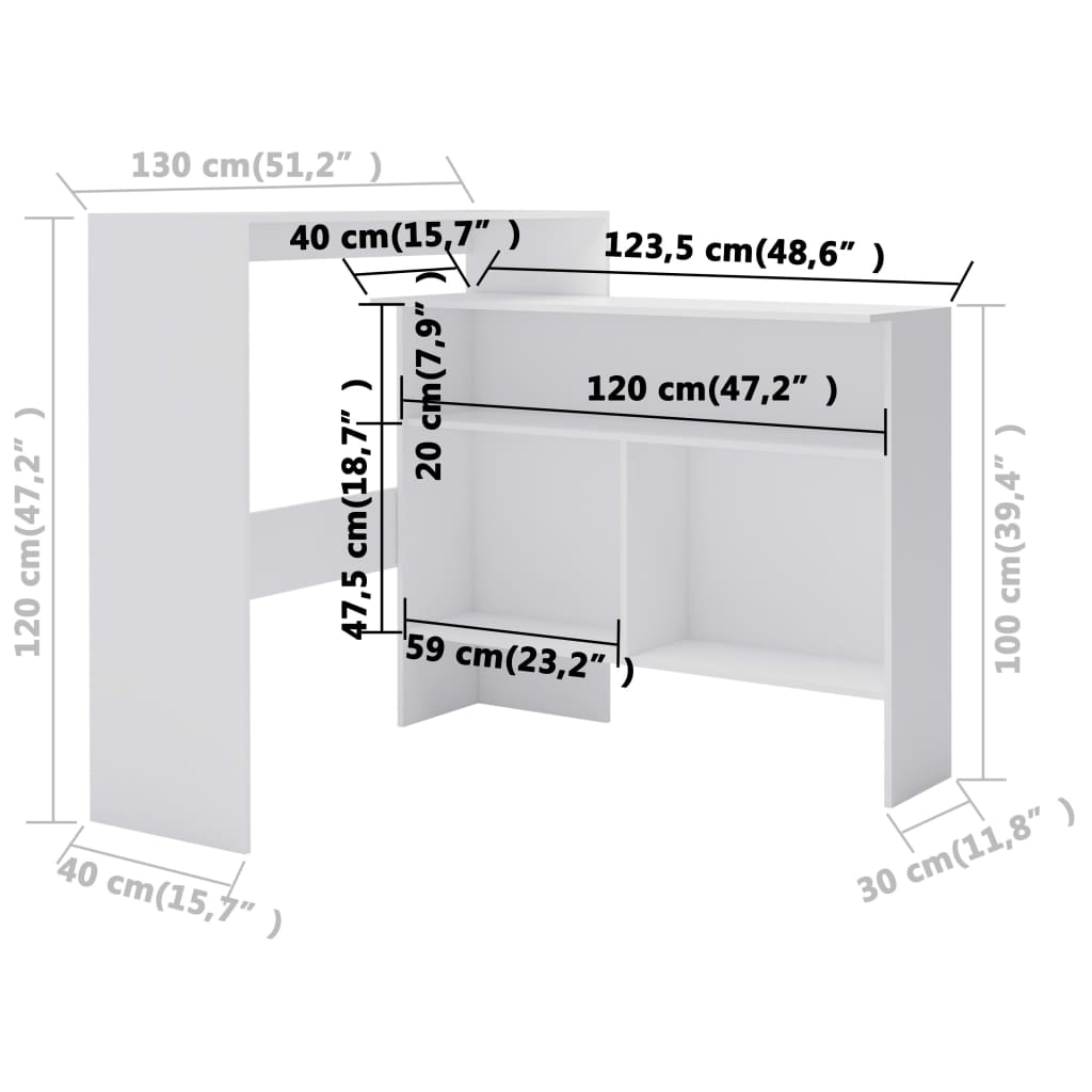 Bar table with 2 tabletops, white, 130x40x120cm