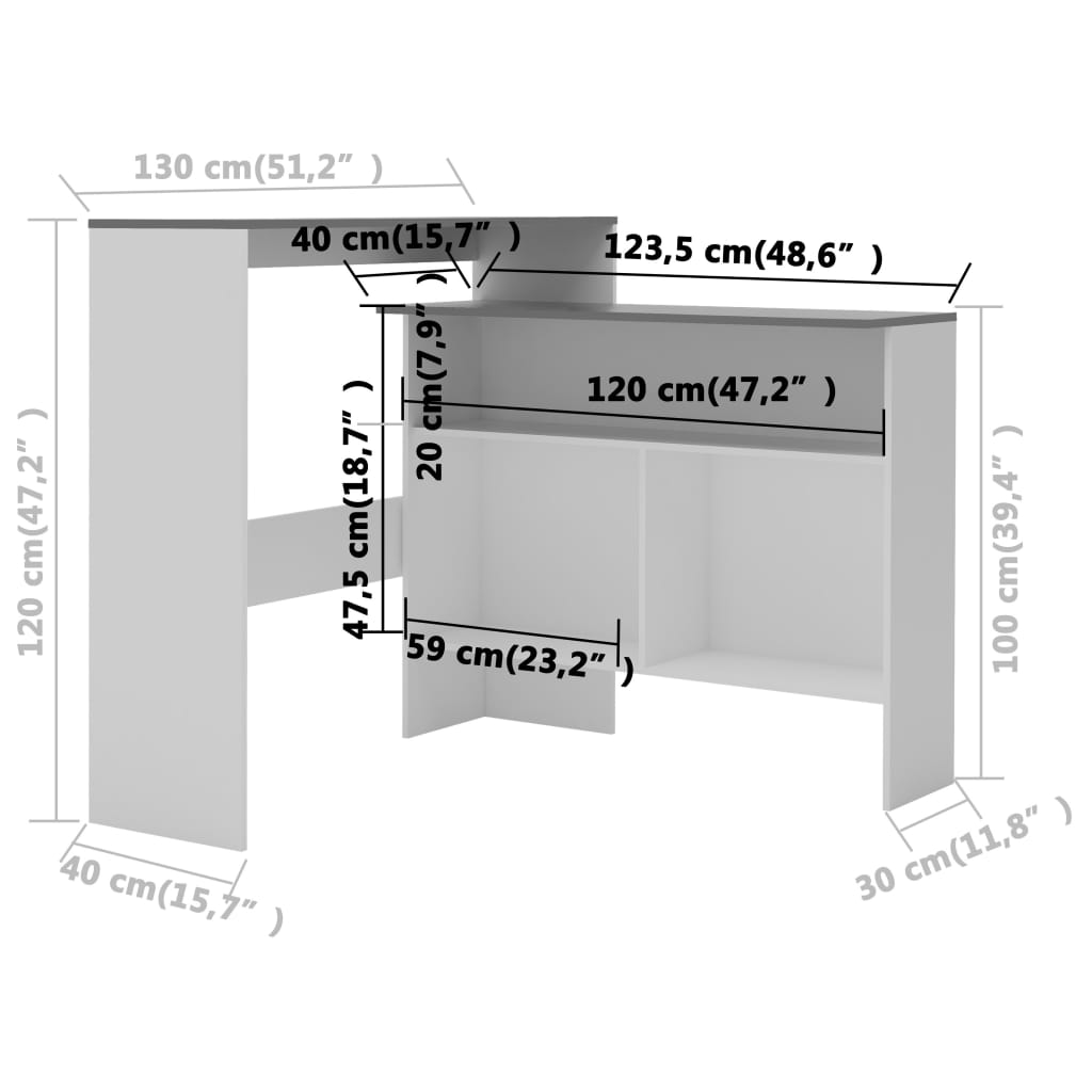 Bar table with 2 tabletops, white and grey, 130x40x120cm