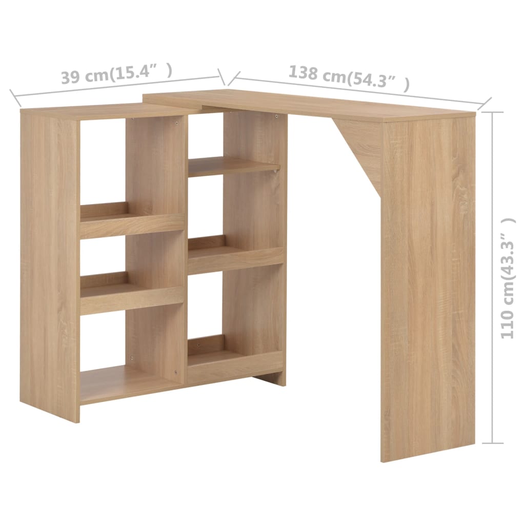 Bar table with movable shelf, oak, 138x39x110cm