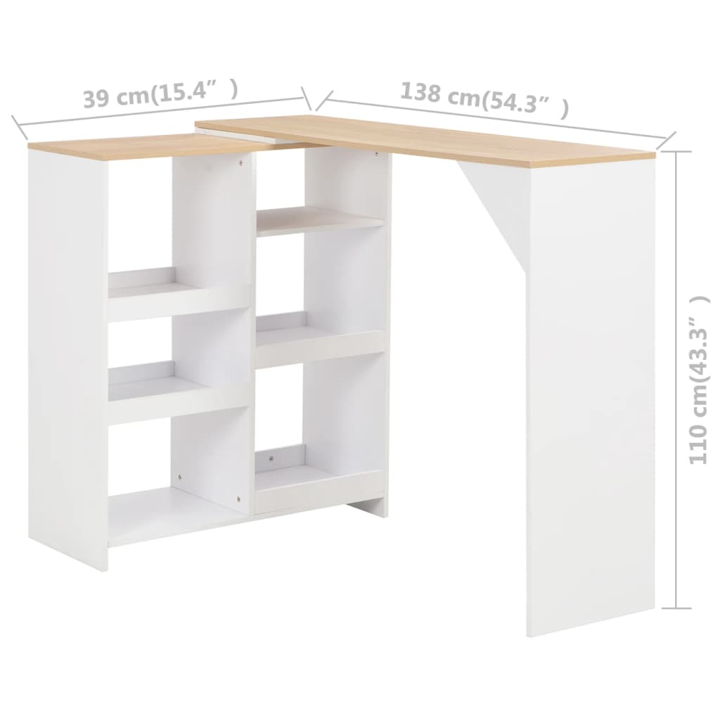 Bar table with movable shelf, white, 138x39x110cm