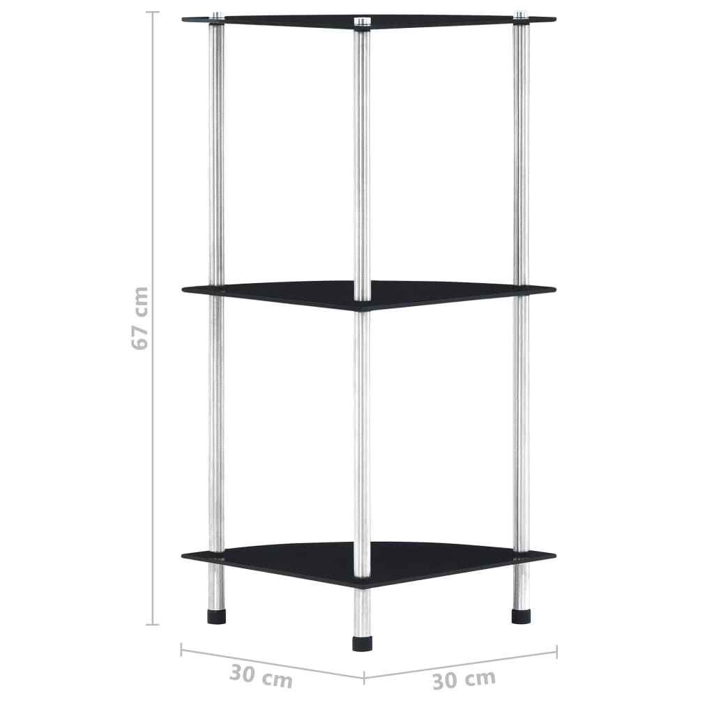 Shelf, 3-tier, black, 30x30x67cm, tempered glass