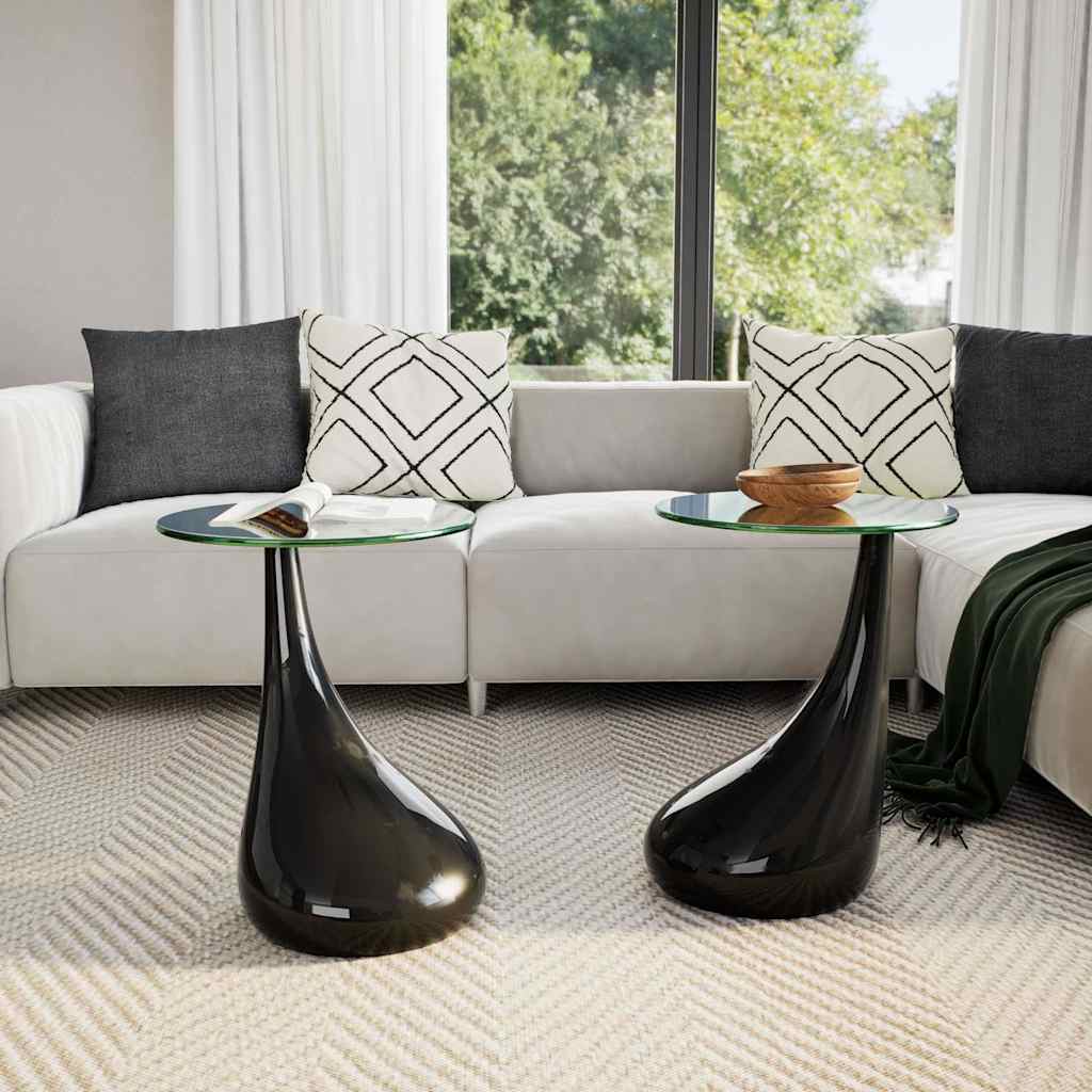 Coffee table with round glass top, 2 pcs., high gloss, black.