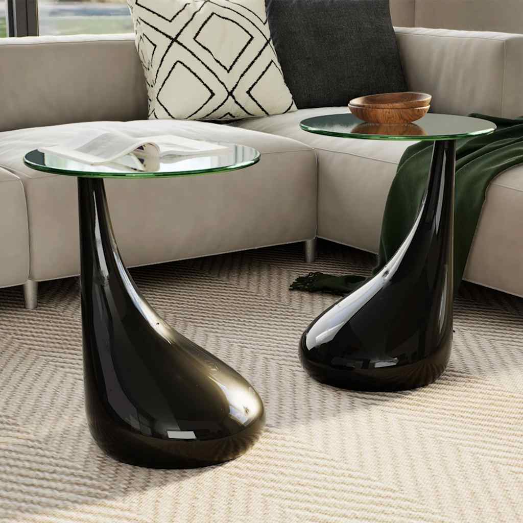 Coffee table with round glass top, 2 pcs., high gloss, black.