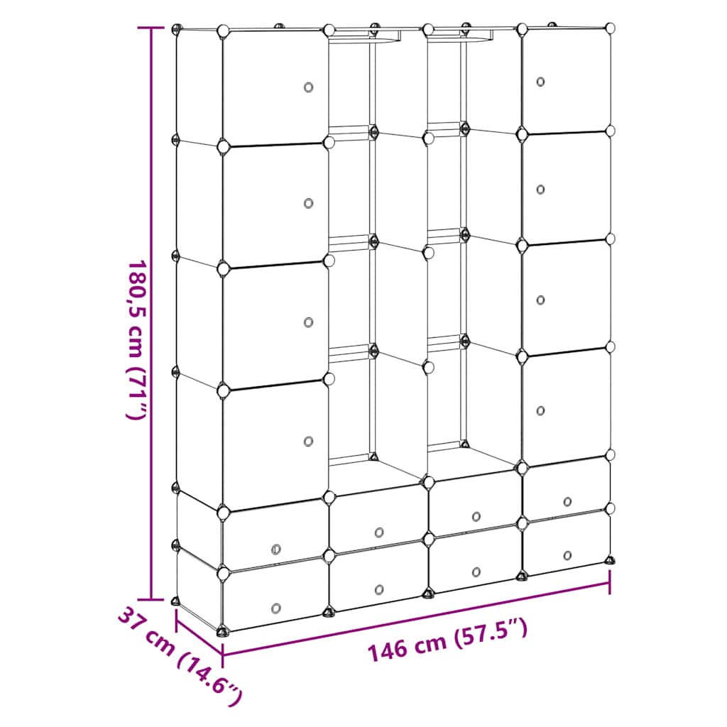 Modular Wardrobe, 18 Compartments, White 37 x 146 x 180.5 cm