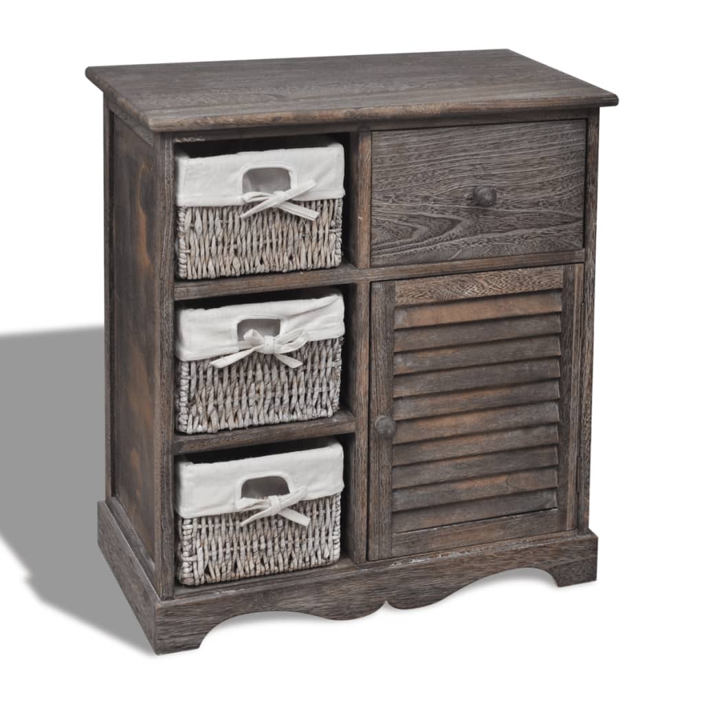 Wooden cabinet with 3 woven baskets, brown