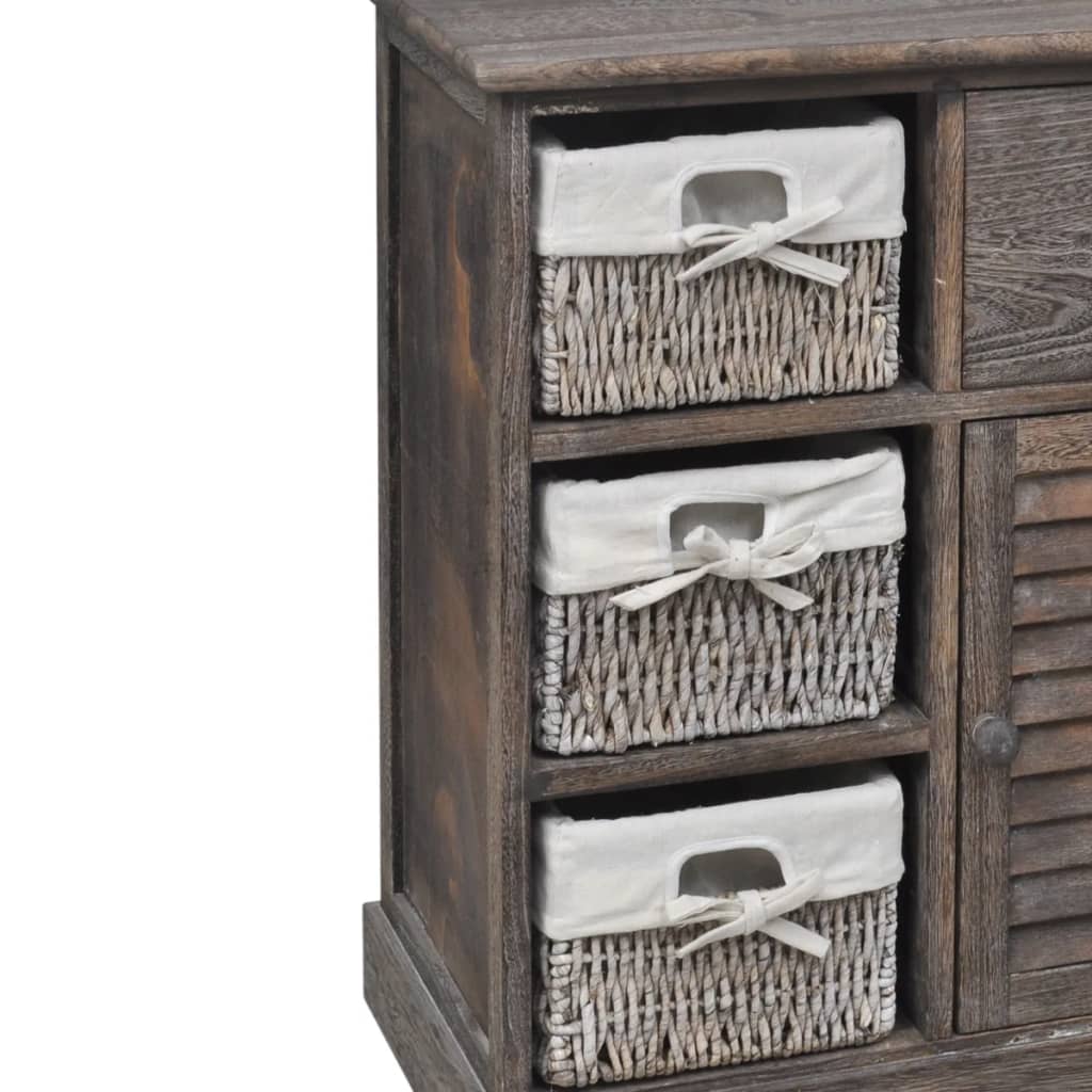 Wooden cabinet with 3 woven baskets, brown