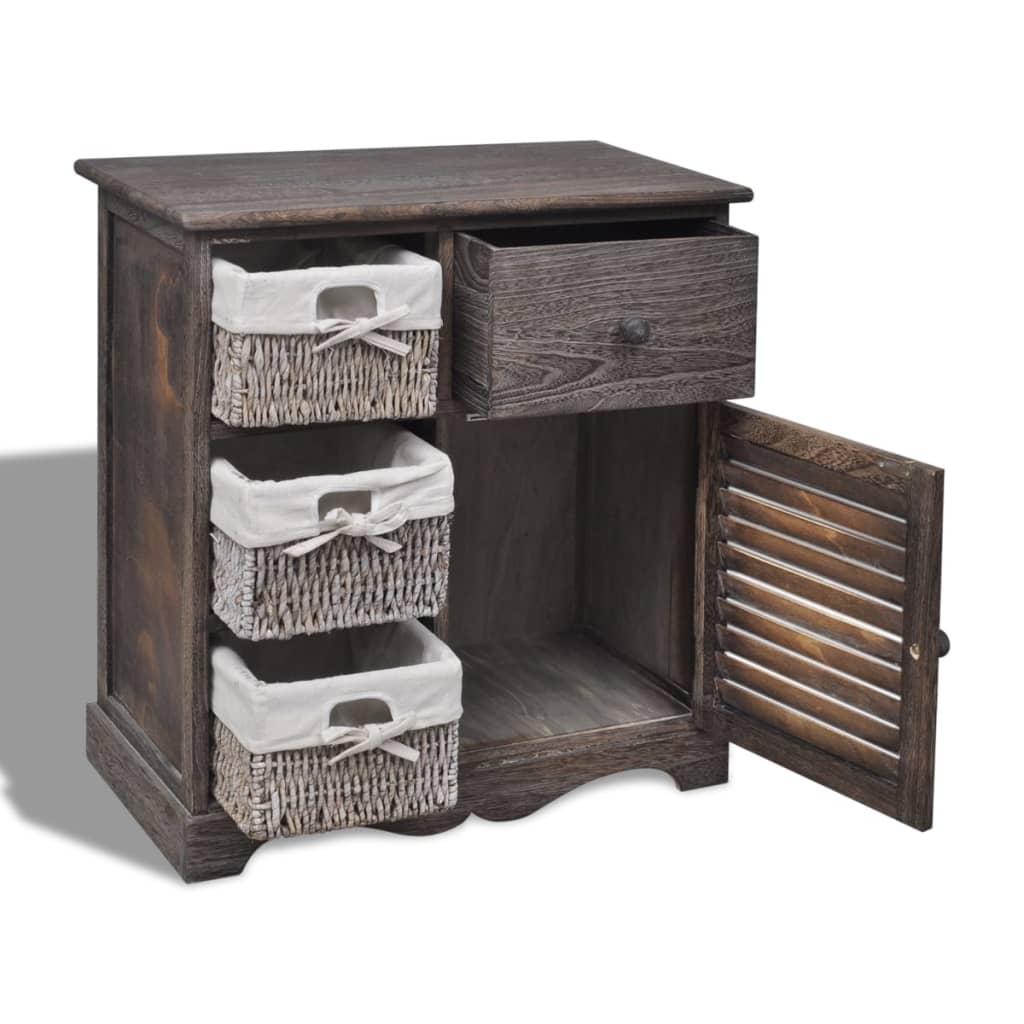 Wooden cabinet with 3 woven baskets, brown