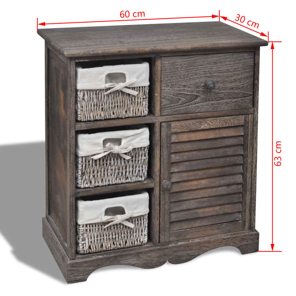 Wooden cabinet with 3 woven baskets, brown