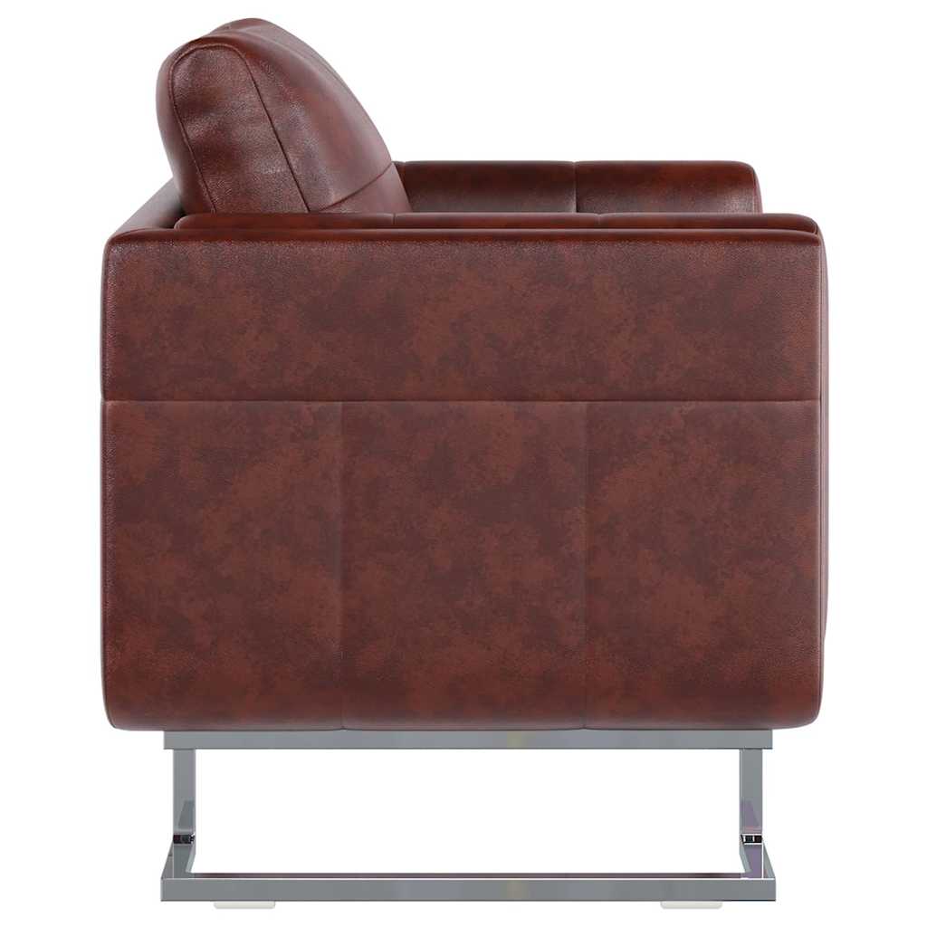 Armchair, brown, chrome legs, cube shape, artificial leather