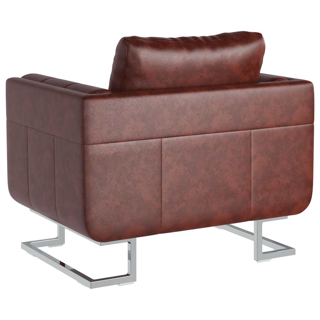 Armchair, brown, chrome legs, cube shape, artificial leather