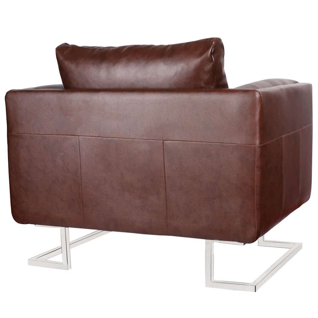 Armchair, brown, chrome legs, cube shape, artificial leather