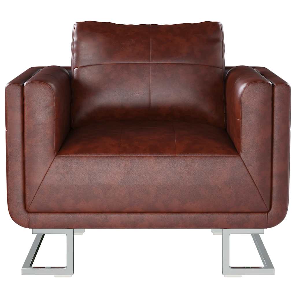 Armchair, brown, chrome legs, cube shape, artificial leather