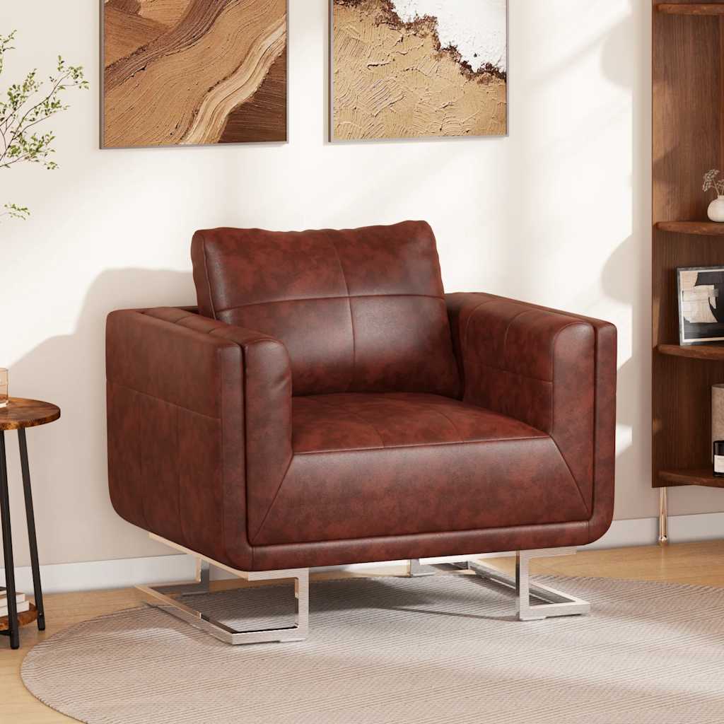Armchair, brown, chrome legs, cube shape, artificial leather