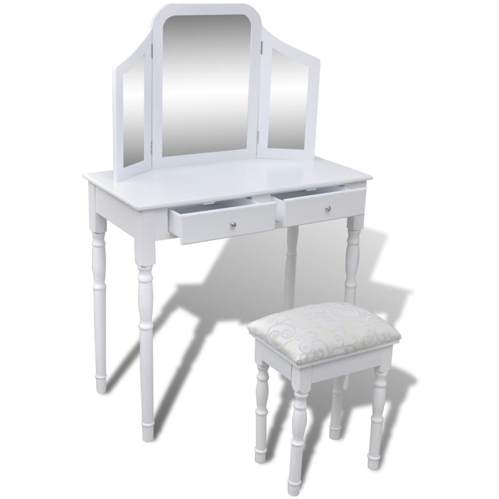 Dressing table 3-in-1, with mirror and stool, 2 drawers, white