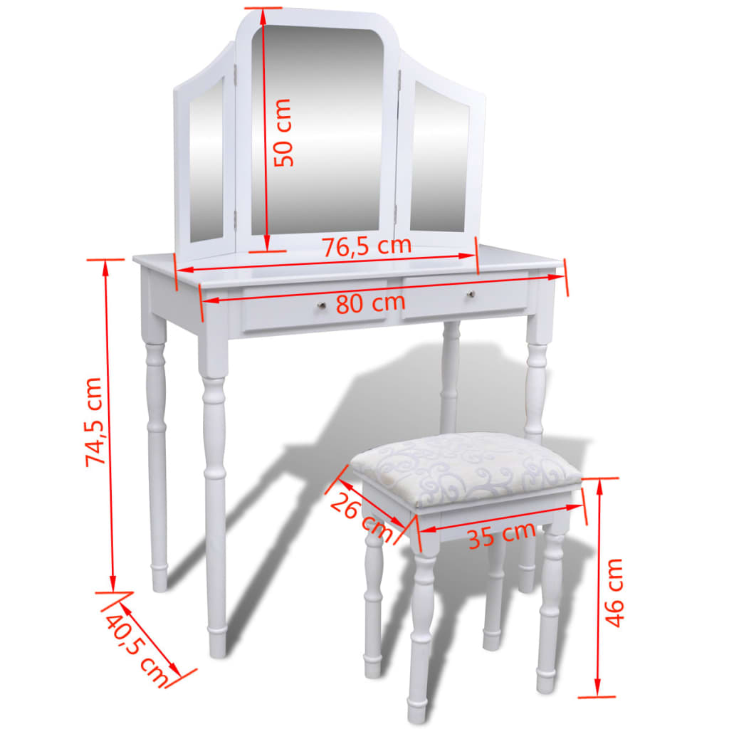 Dressing table 3-in-1, with mirror and stool, 2 drawers, white