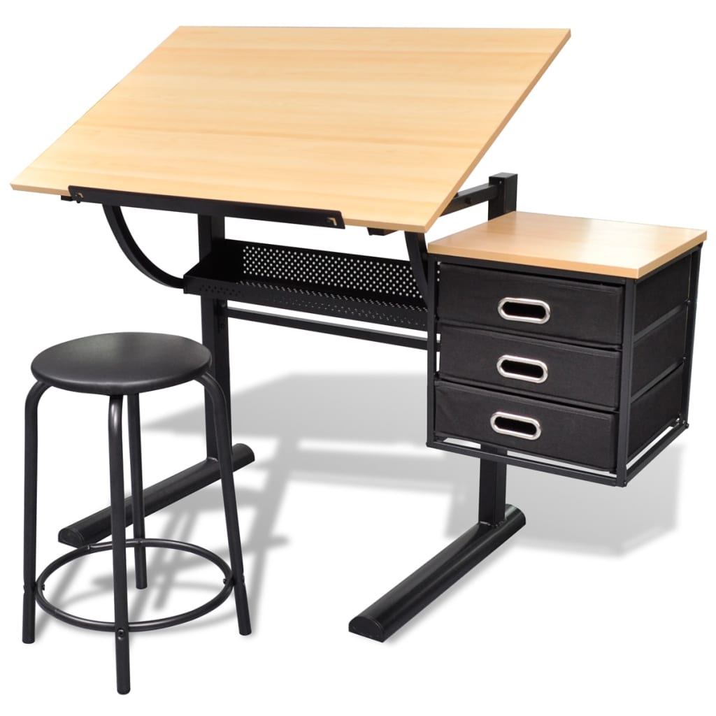 Drafting Table with Three Drawers, Tilting Top, and Stool