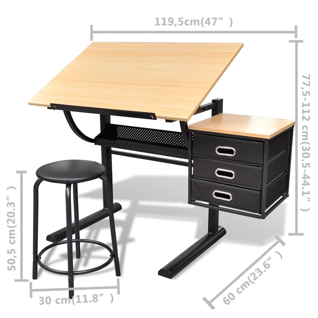 Drafting Table with Three Drawers, Tilting Top, and Stool