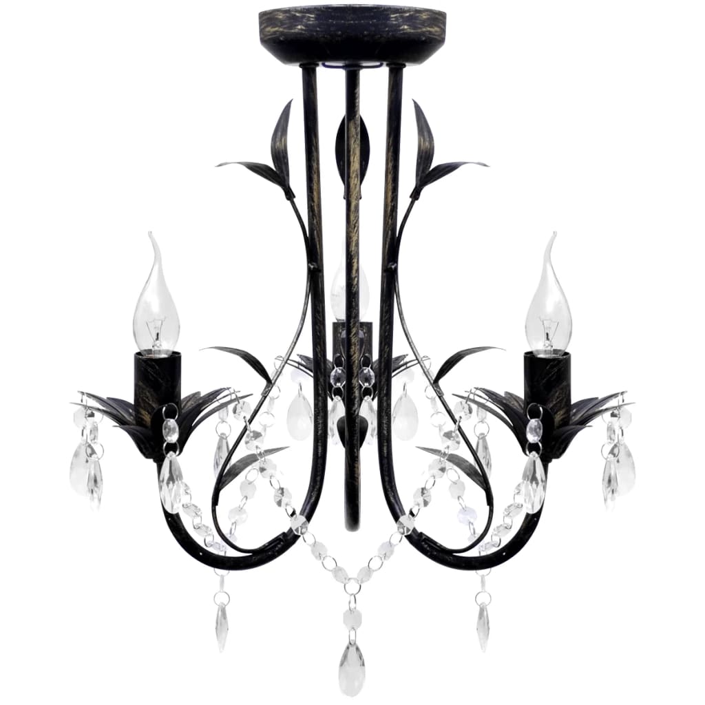 Art Nouveau Juodo Metalo Sietynas su Krištolo Karoliukais, 3 x E14