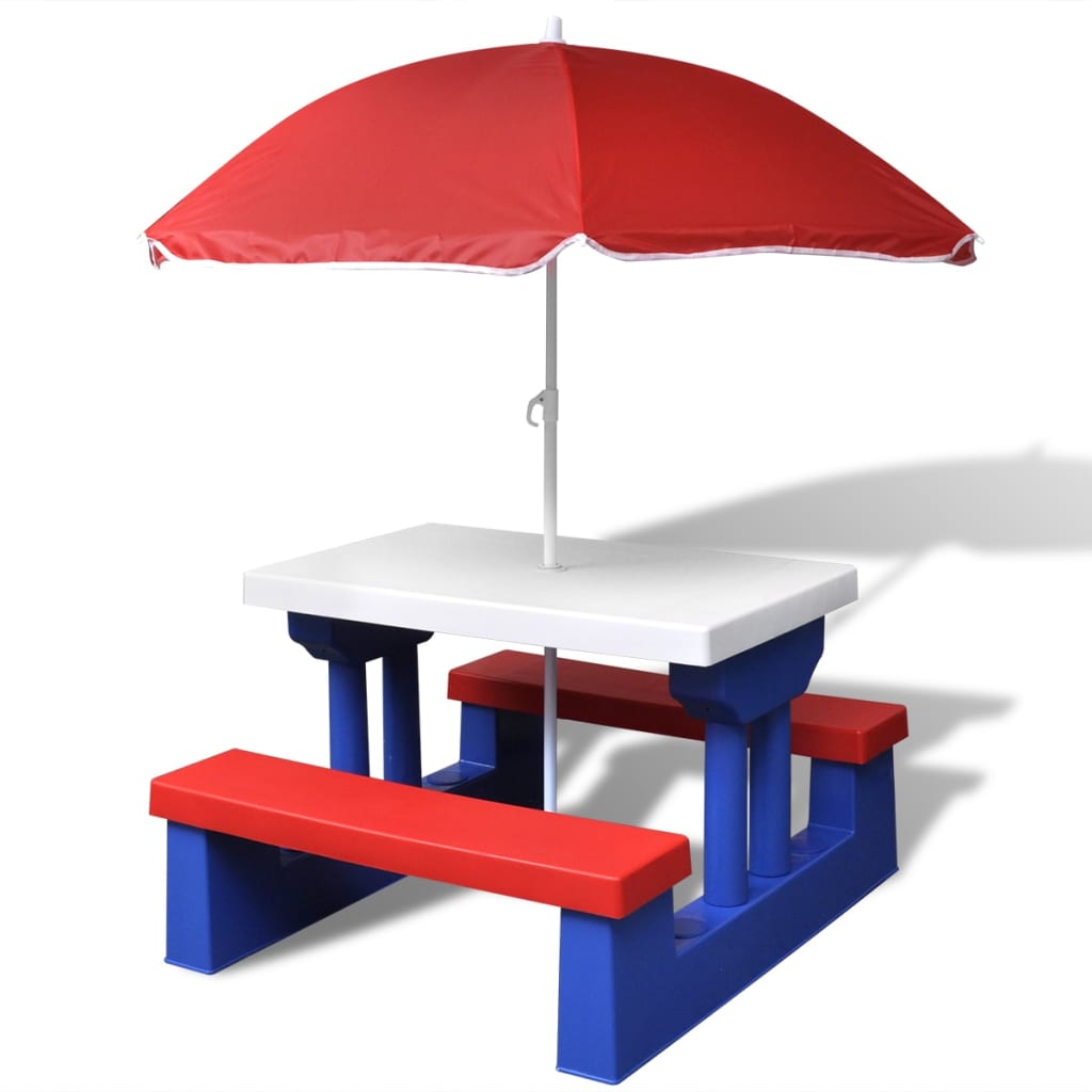 Kids' picnic table with benches and sun umbrella, assorted colors.