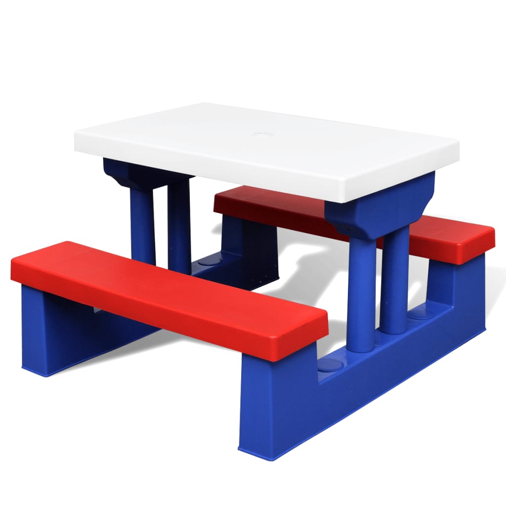 Kids' picnic table with benches and sun umbrella, assorted colors.