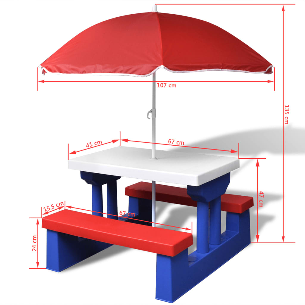 Kids' picnic table with benches and sun umbrella, assorted colors.