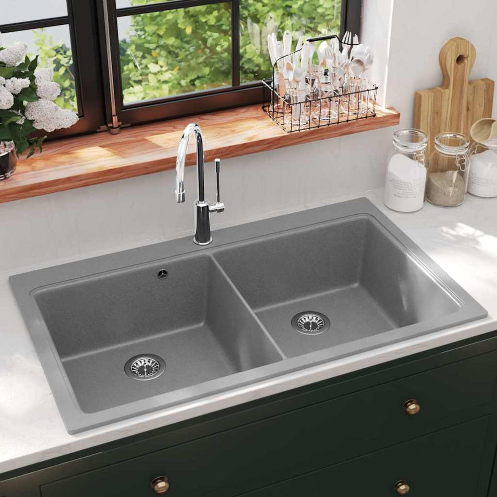 Granite Double Inset Kitchen Sink, Grey