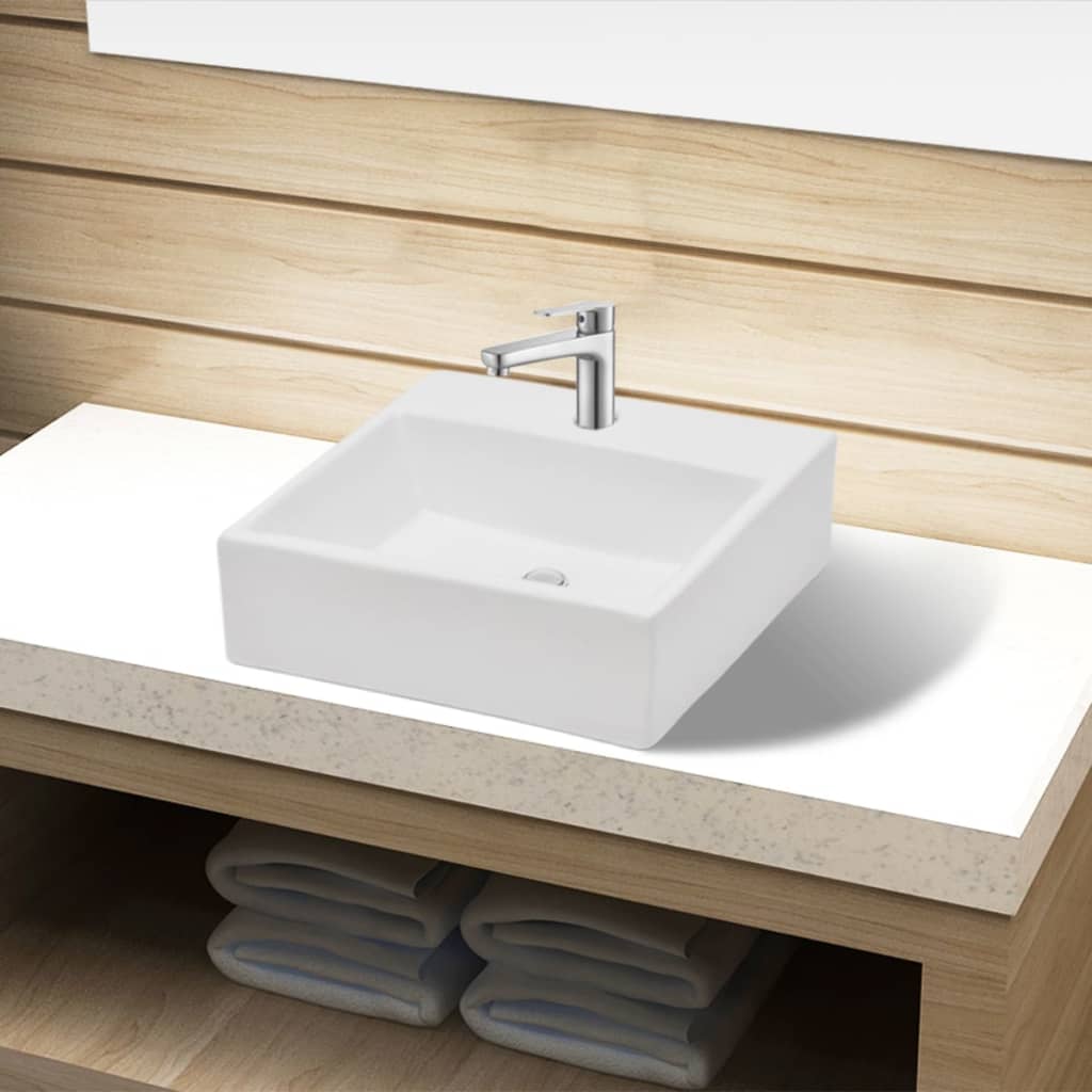Ceramic basin with tap hole, white, square