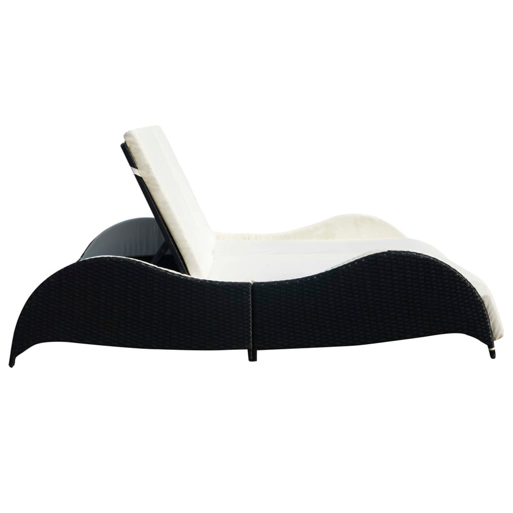 Double sun lounger with cushion, poly rattan, black