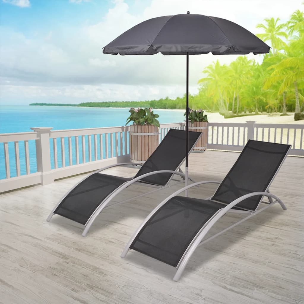 Sun lounger with parasol, aluminium, black