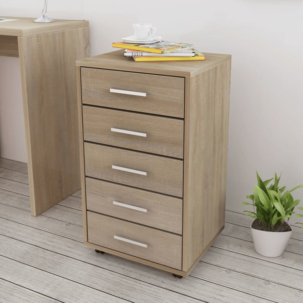 Office cabinet with 5 drawers, castors, oak