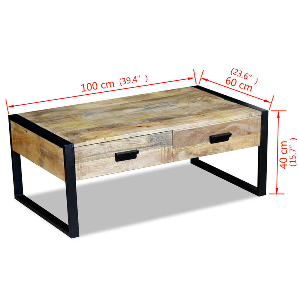 Coffee table with 2 drawers, mango wood, 100x60x40 cm