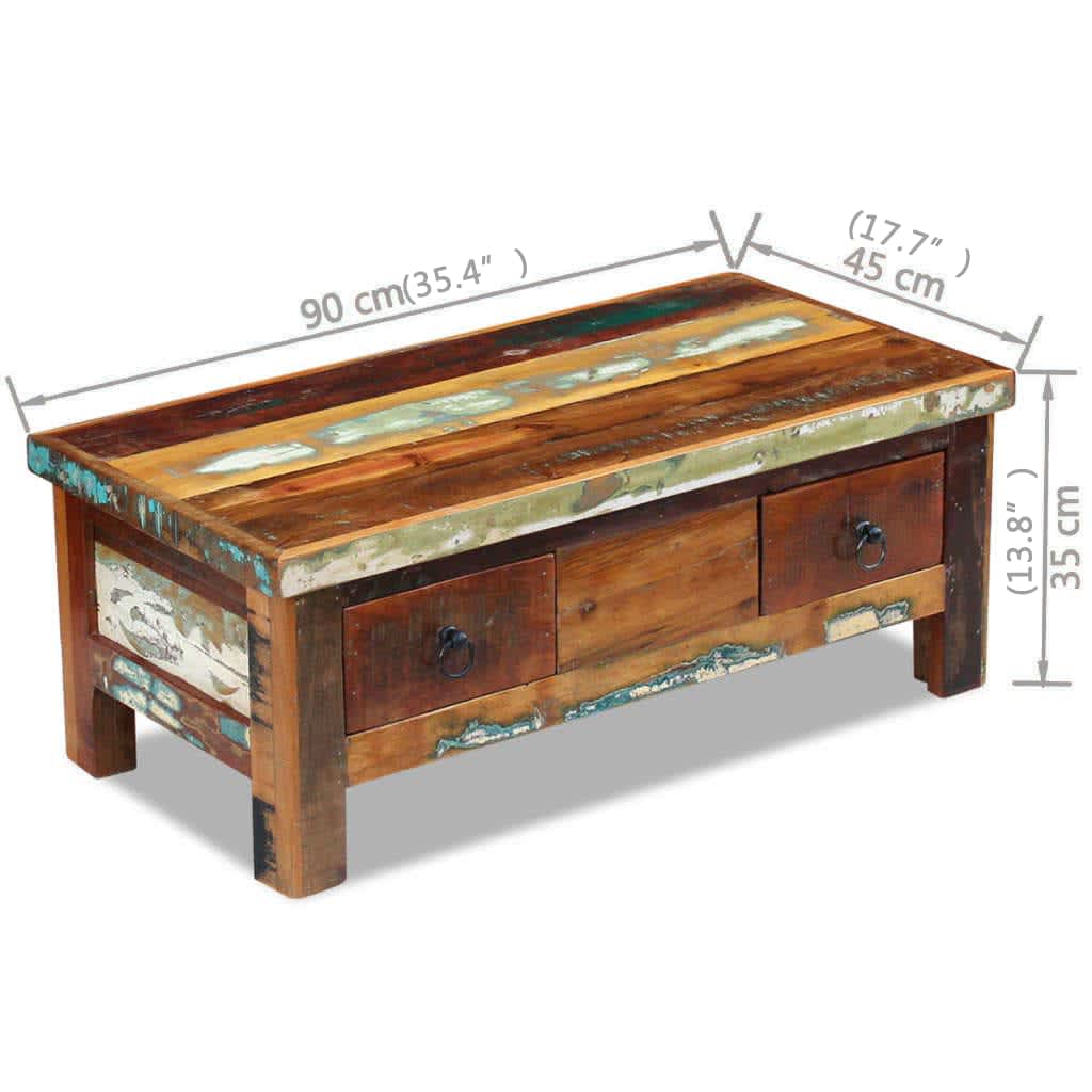 Coffee table with drawers, reclaimed wood, 90x45x35 cm