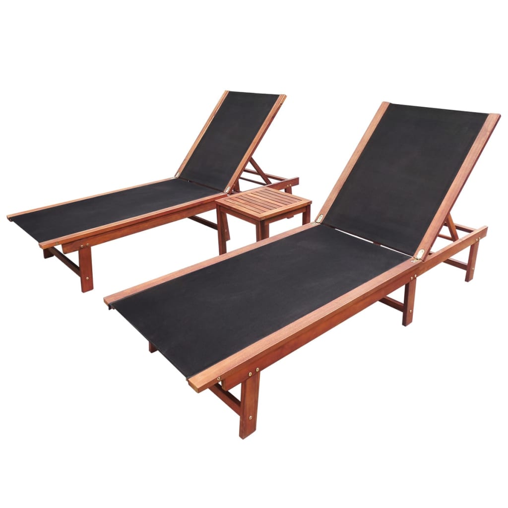 Sun loungers, 2 pcs., with table, acacia wood and textilene
