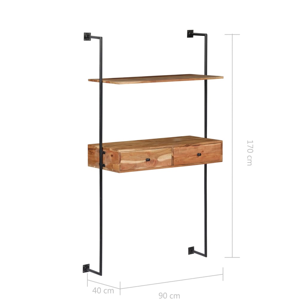 Wall-mounted desk, 90x40x170 cm, solid acacia wood