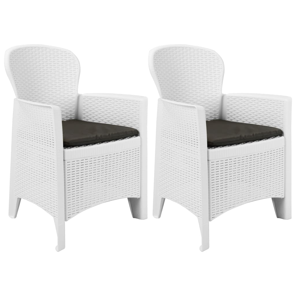 Garden chairs with cushions, 2 pcs, white, plastic, rattan imitation