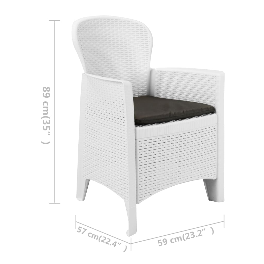 Garden chairs with cushions, 2 pcs, white, plastic, rattan imitation