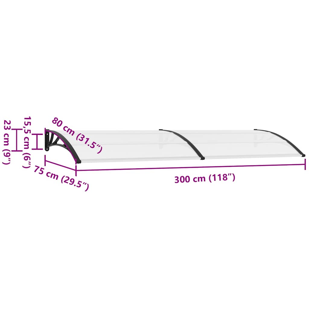 Awning for doors, black and transparent, 300x75cm, PC