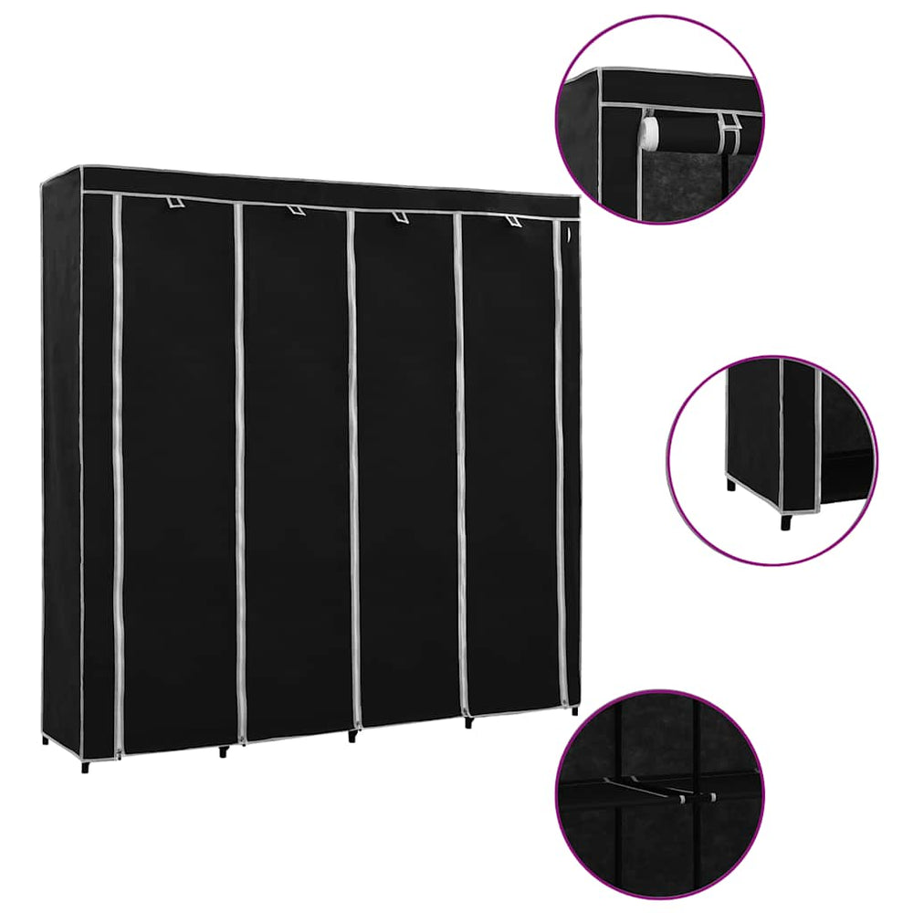 Wardrobe with 4 compartments, black, 175x45x170 cm
