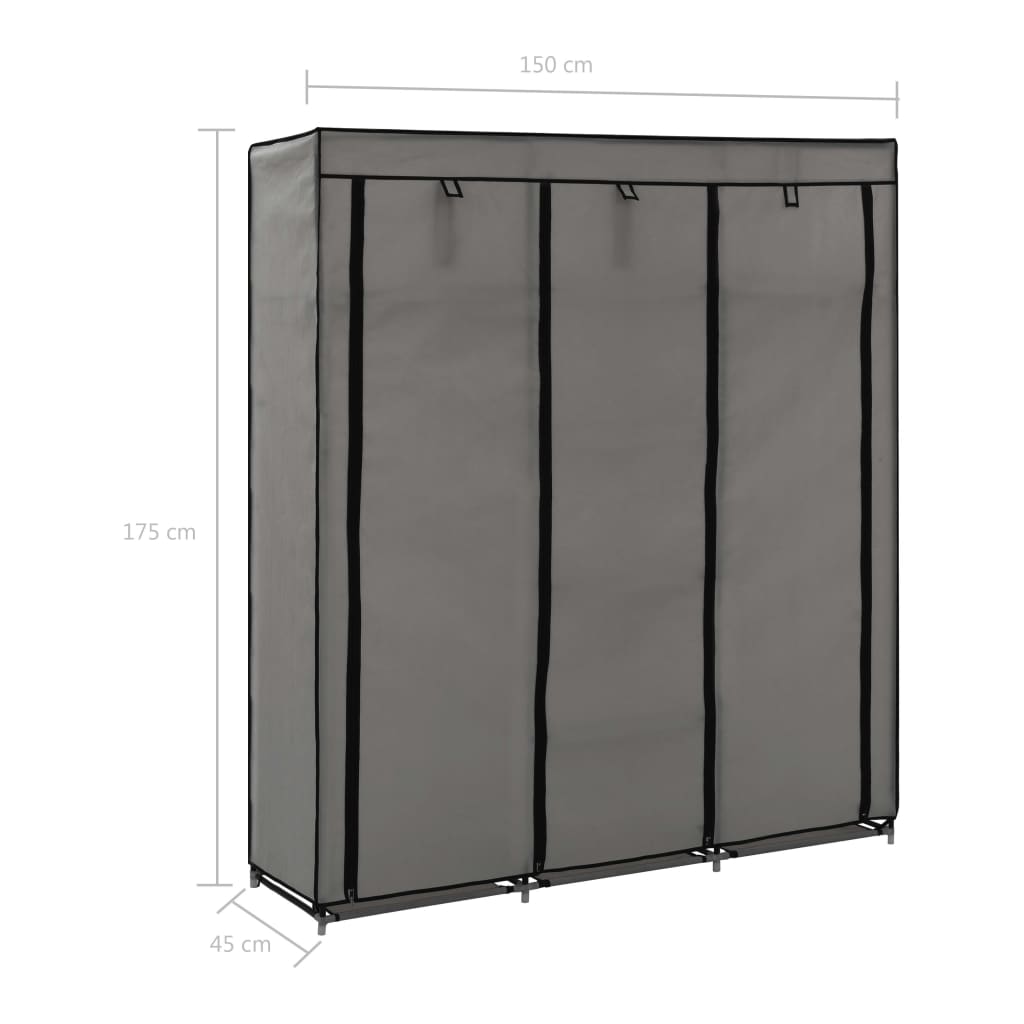 Drēbju skapis ar nodalījumiem un stangu, pelēks, 150x45x175cm, audums