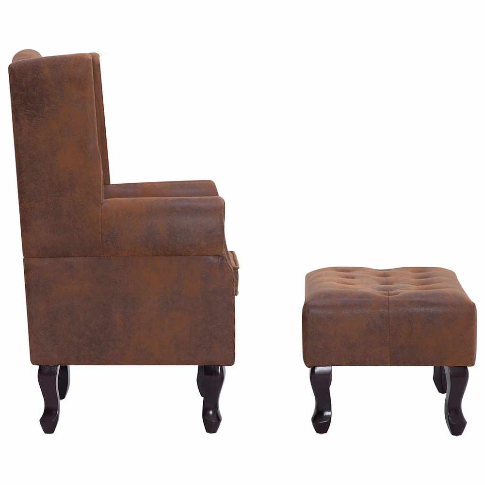 Chesterfield armchair and footrest, brown, artificial suede
