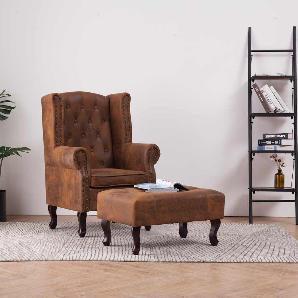 Chesterfield armchair and footrest, brown, artificial suede