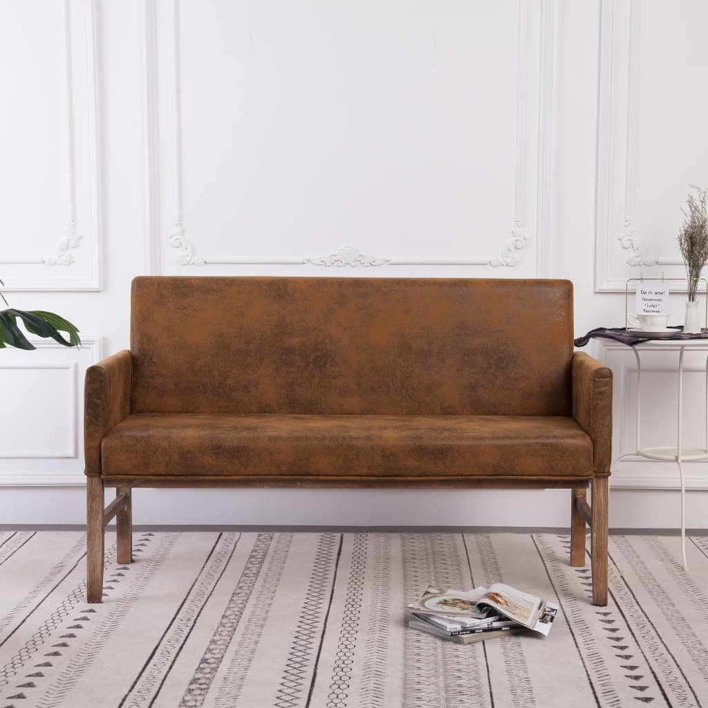 Bench with armrests, brown, 140cm, artificial suede