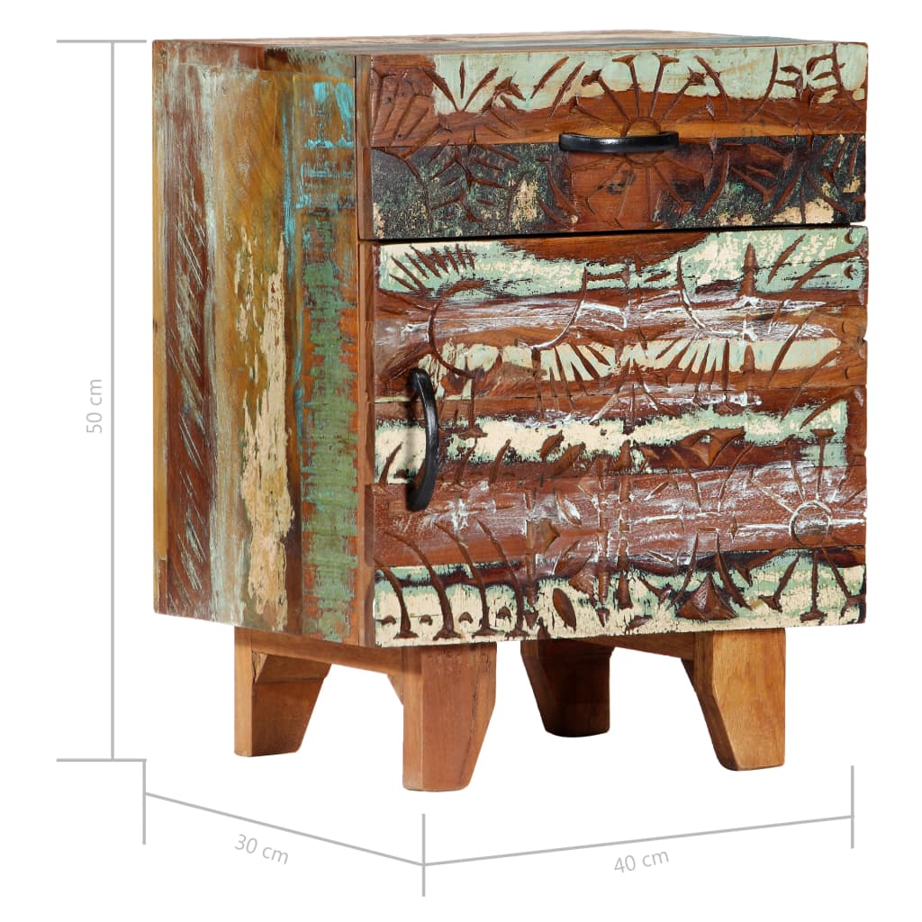Nightstand, 40x30x50 cm, reclaimed solid wood, carved handles.